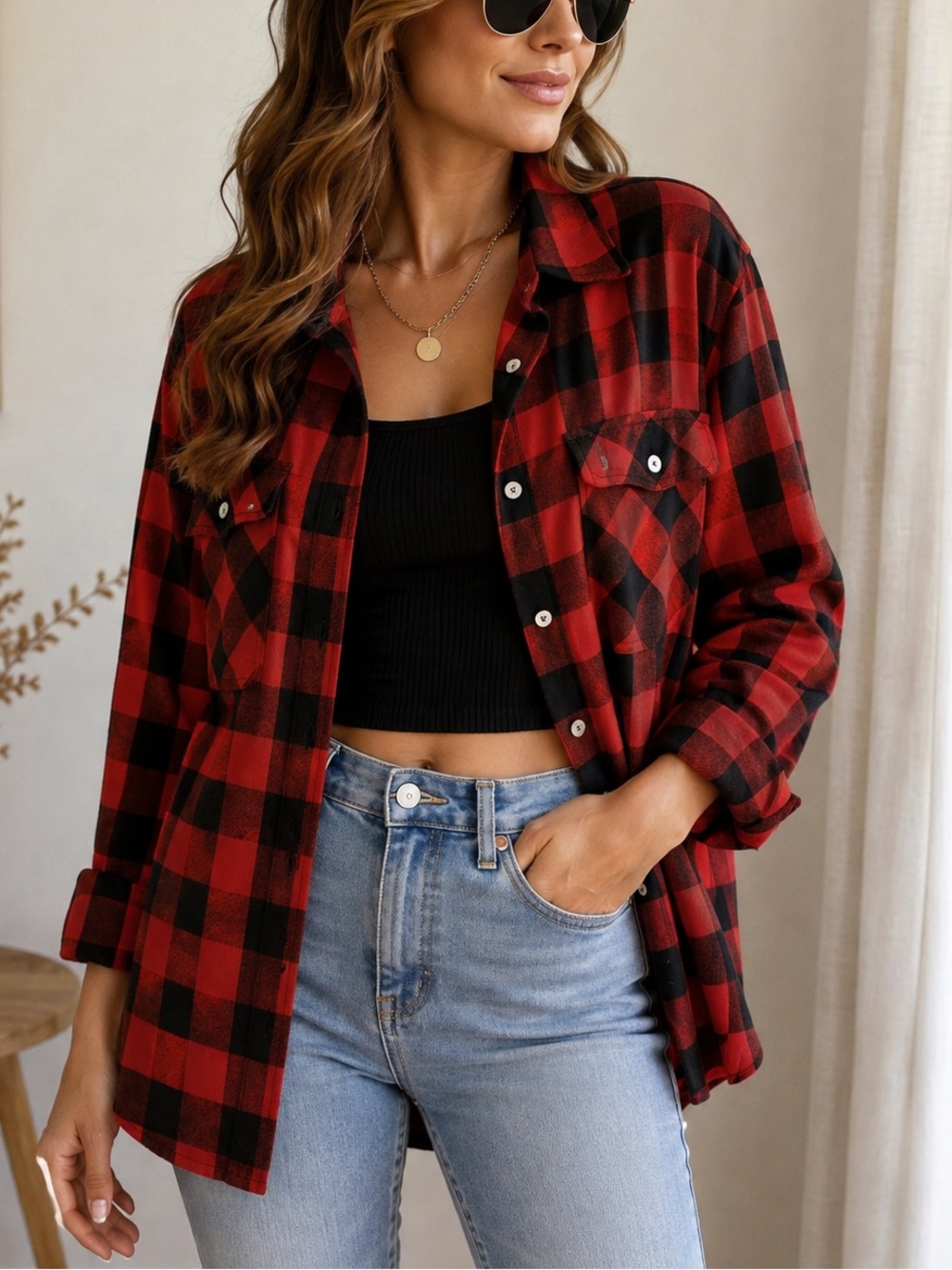 Made in Italy Plaid Flannel Button-Down Shirt Jacket - Red Black